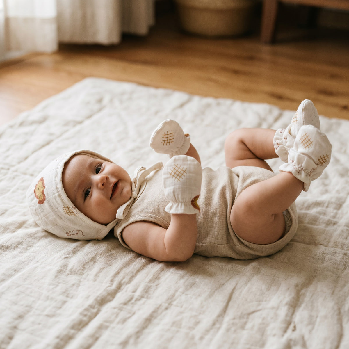 Combo- Organic Muslin Mittens, Booties and Cap - choose your story!!!