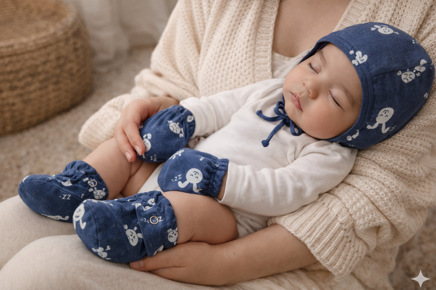 Combo- Organic Muslin Mittens, Booties and Cap - choose your story!!!