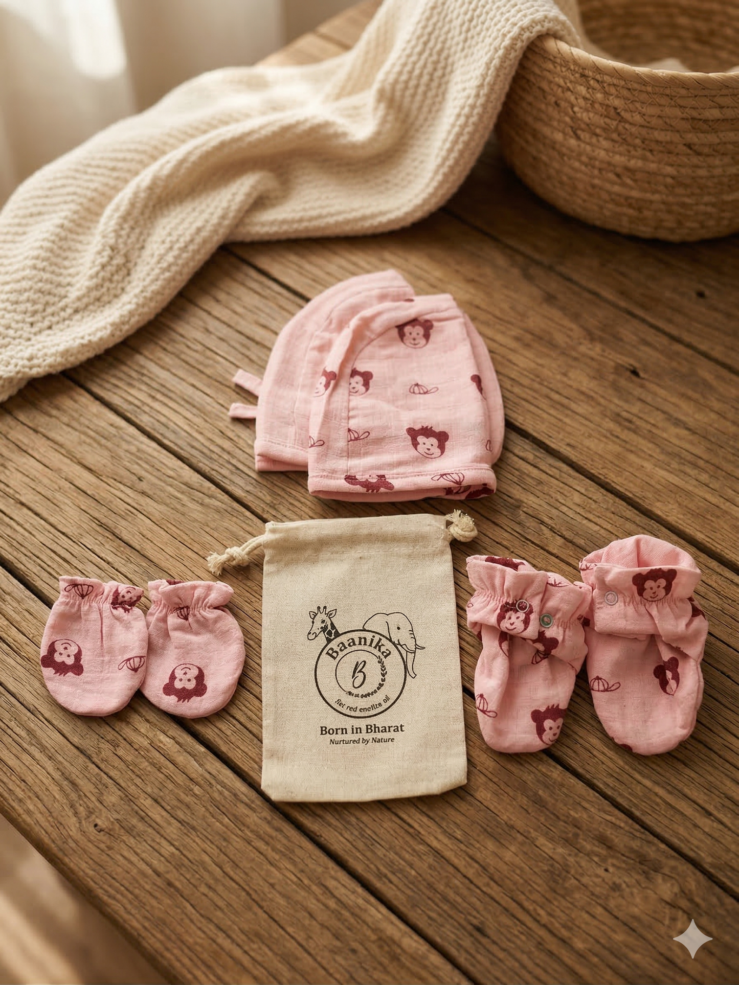 Combo- Organic Muslin Mittens, Booties and Cap - choose your story!!!