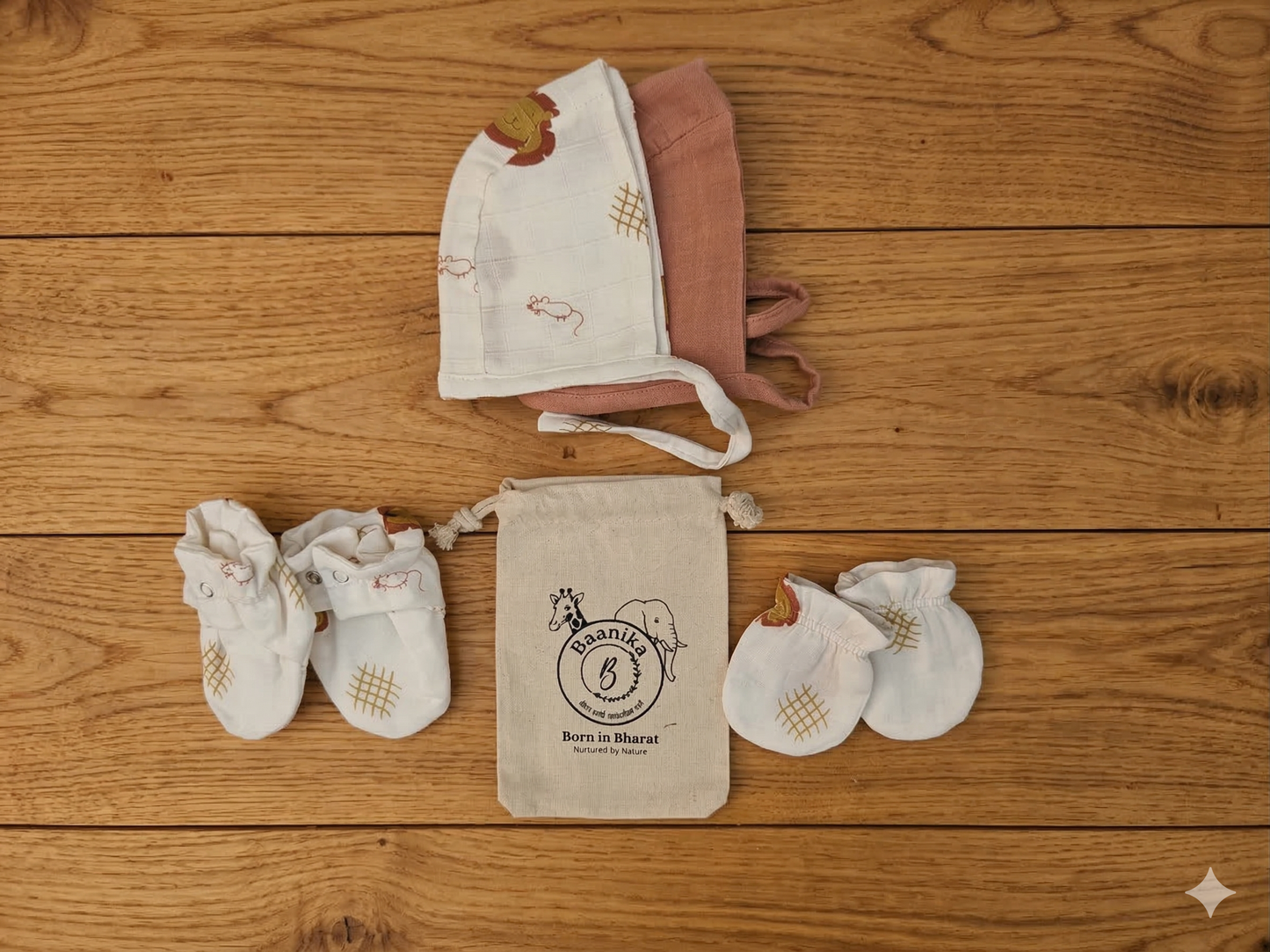 Combo- Organic Muslin Mittens, Booties and Cap - choose your story!!!